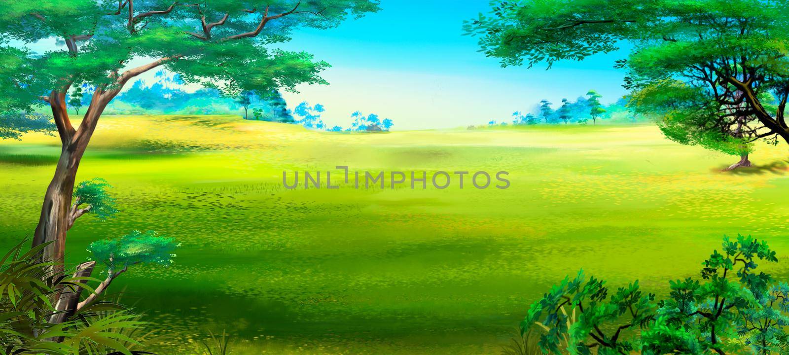 Forest glade on a summer day. Digital Painting Background, Illustration.