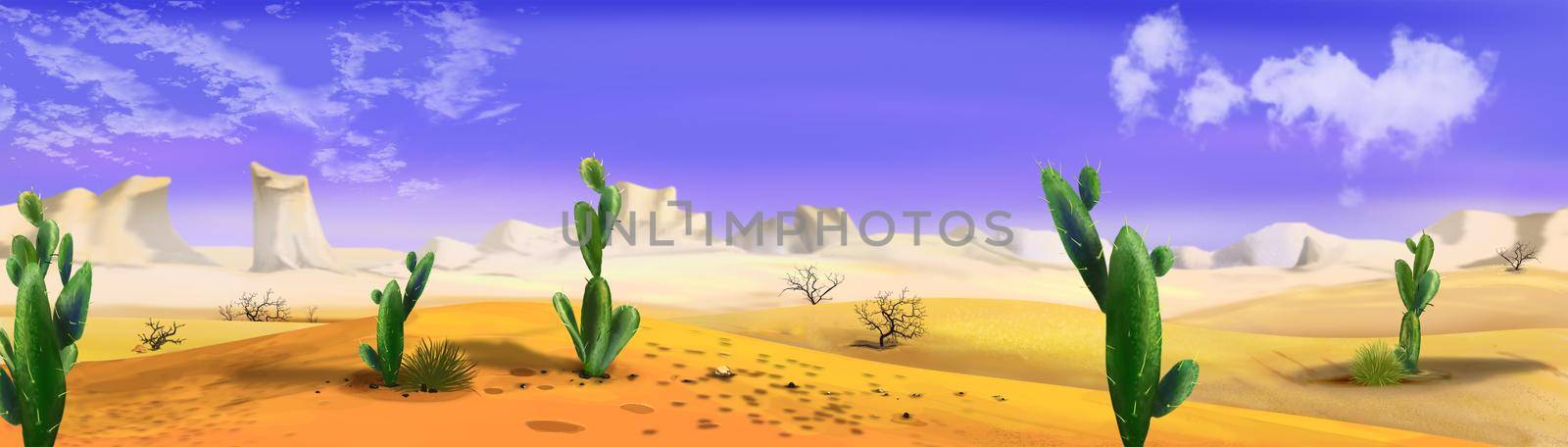 Cacti in the desert landscape on a sunny day. Digital Painting Background, Illustration.
