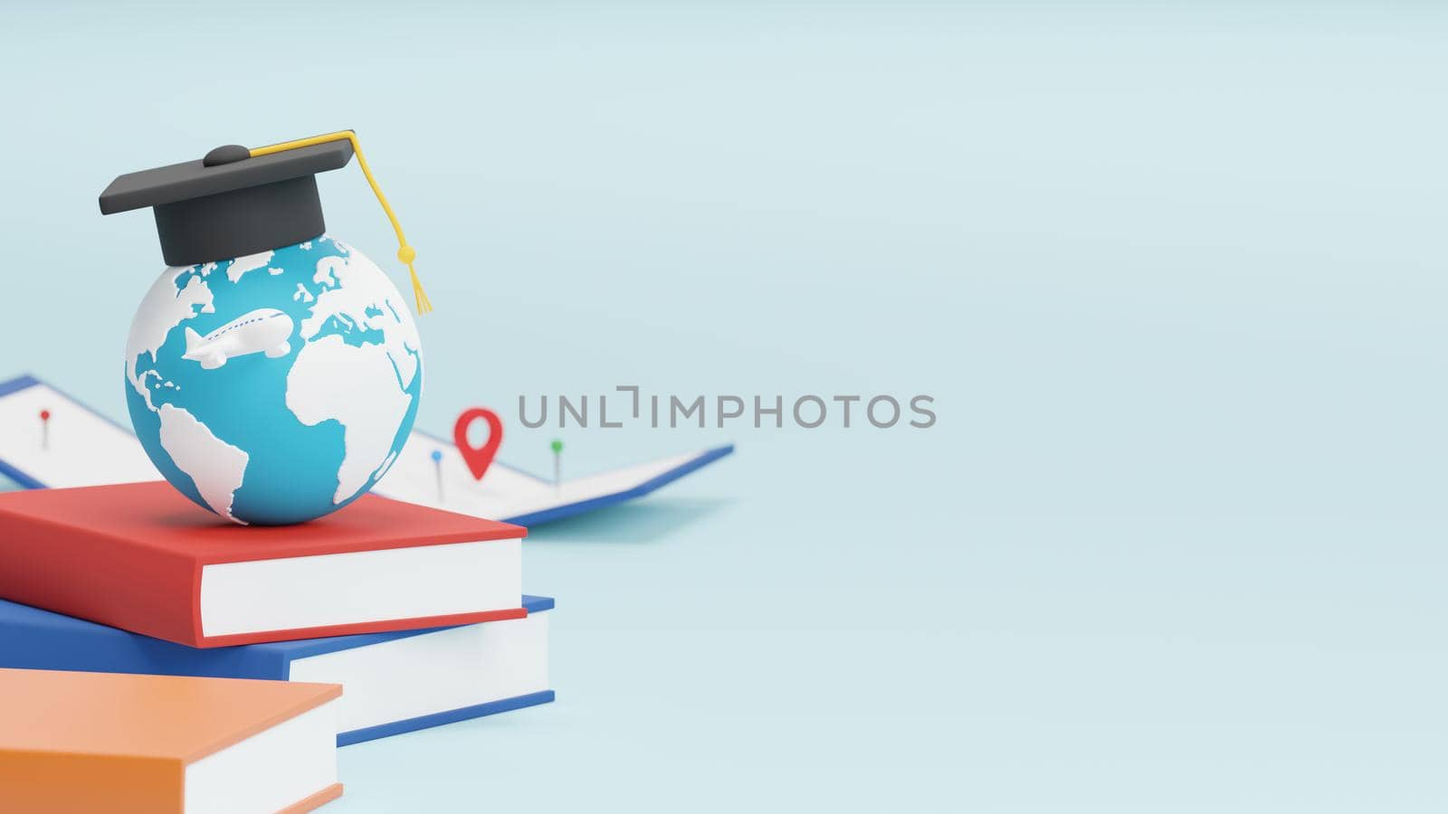 Study abroad concept design of world with graduation cap and plane map pin and location sign 3D render by Myimagine