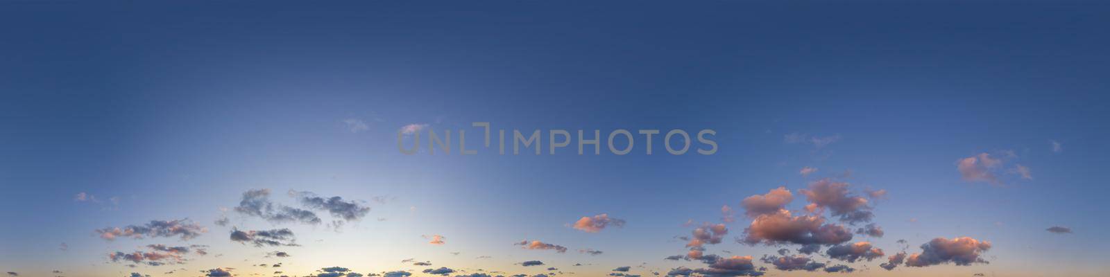 Dramatic sunset sky panorama with Cumulus clouds. Seamless hdr 360 pano in spherical equirectangular format. Complete zenith for 3D visualization, game and sky replacement for aerial drone panoramas