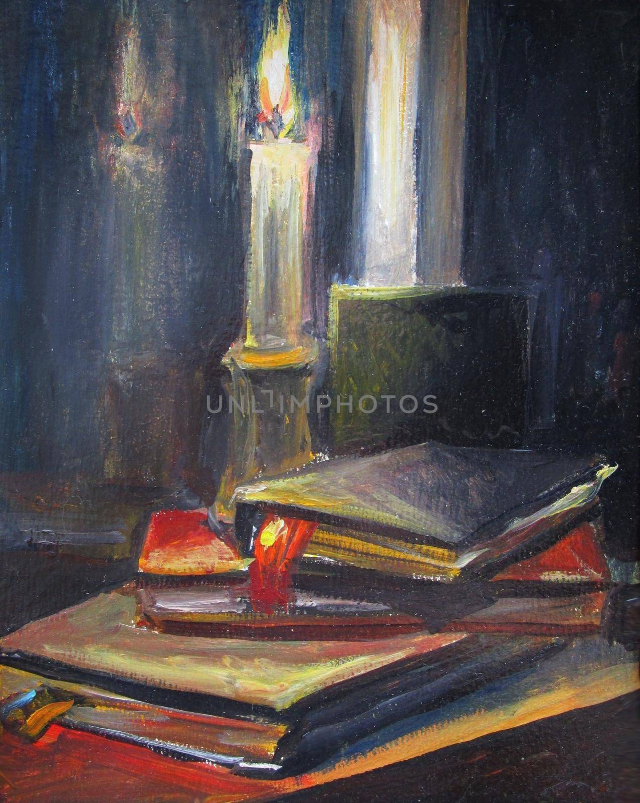 Burning candle and old books, painting