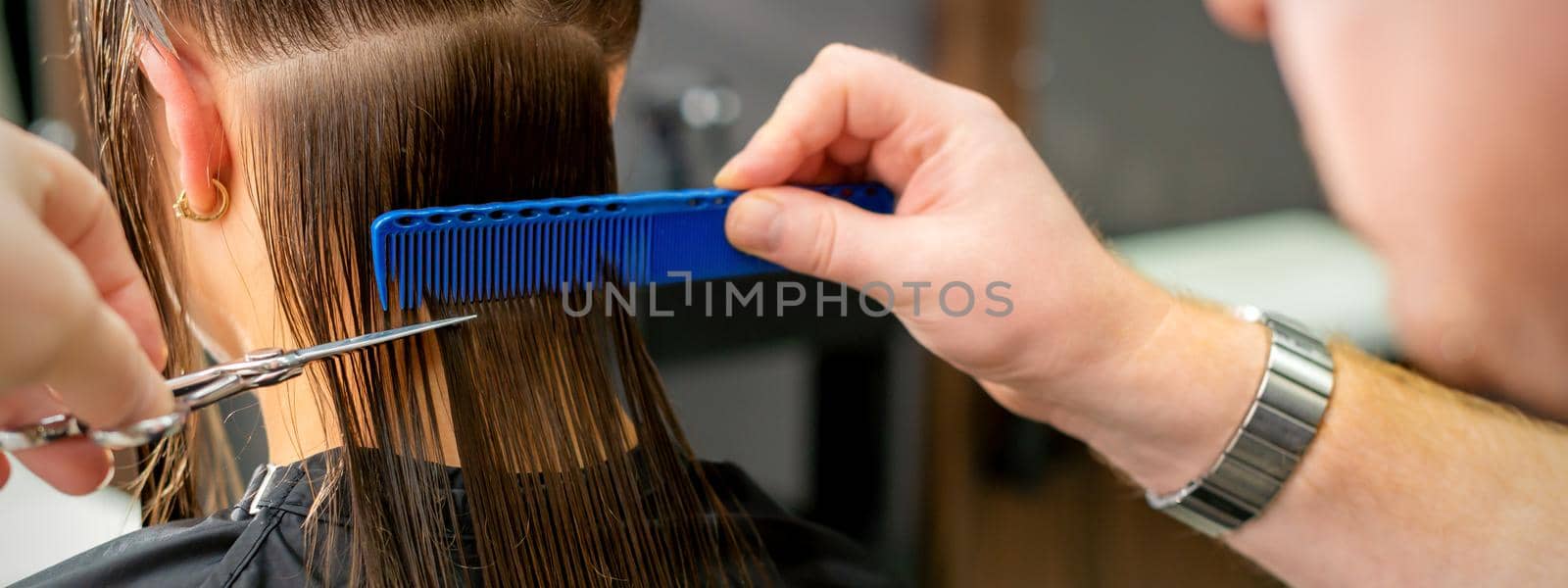 Hairdresser cutting long hair of woman by okskukuruza