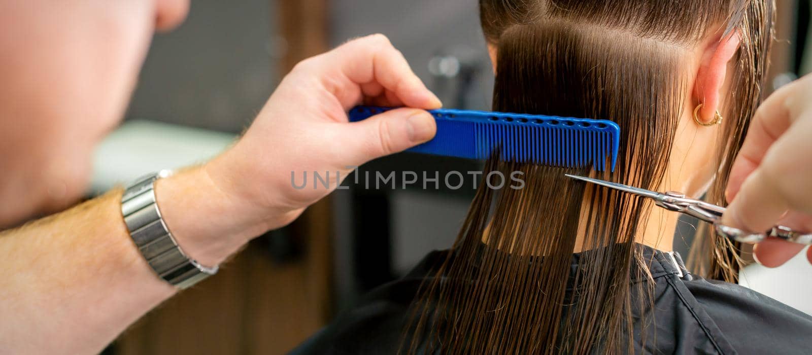 Hairdresser cutting long hair of woman by okskukuruza