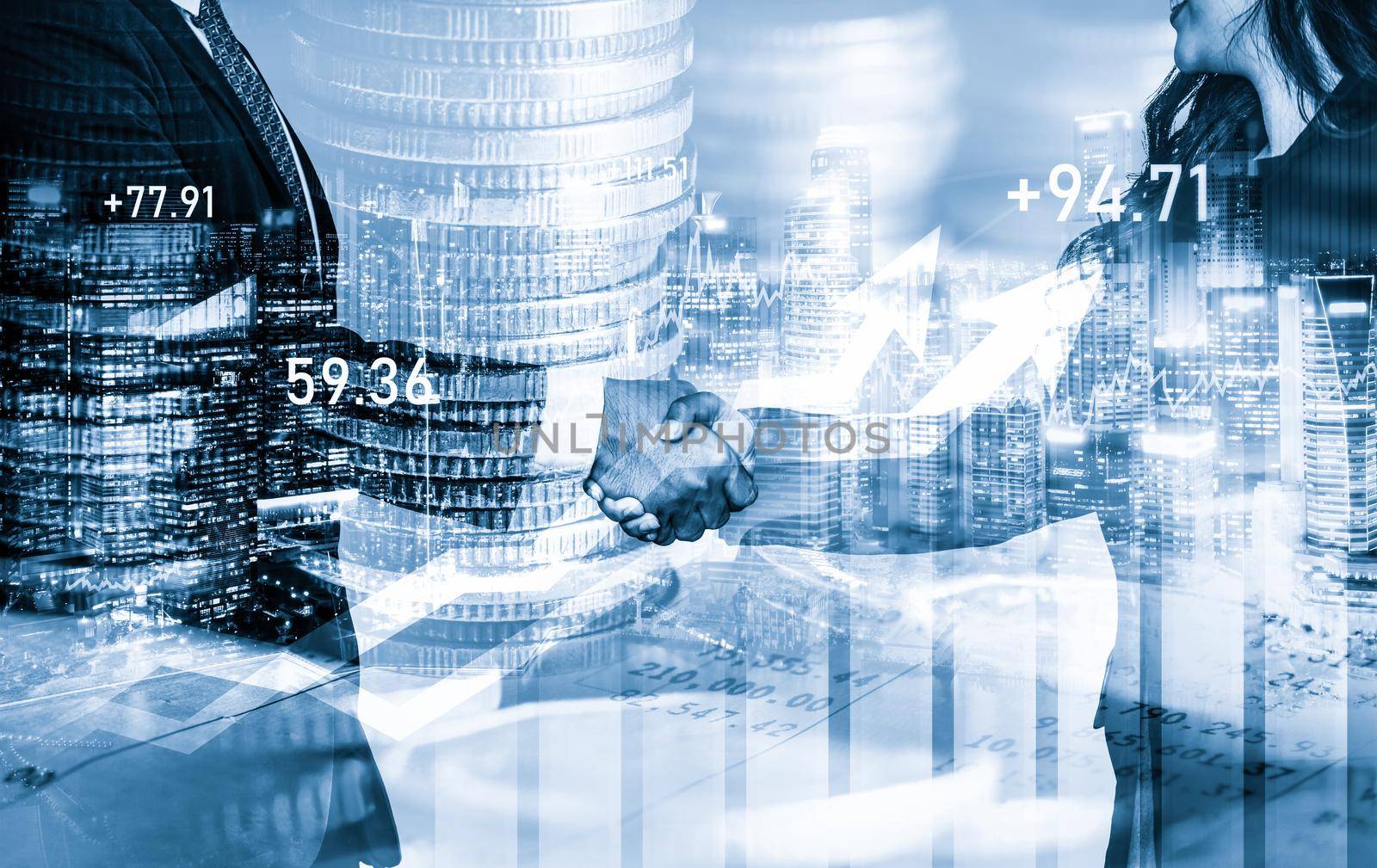 Business handshake on finance prosperity and money technology asset background . Economy and financial growth by investment in valuable stock market to gain wealth profit form currency trading