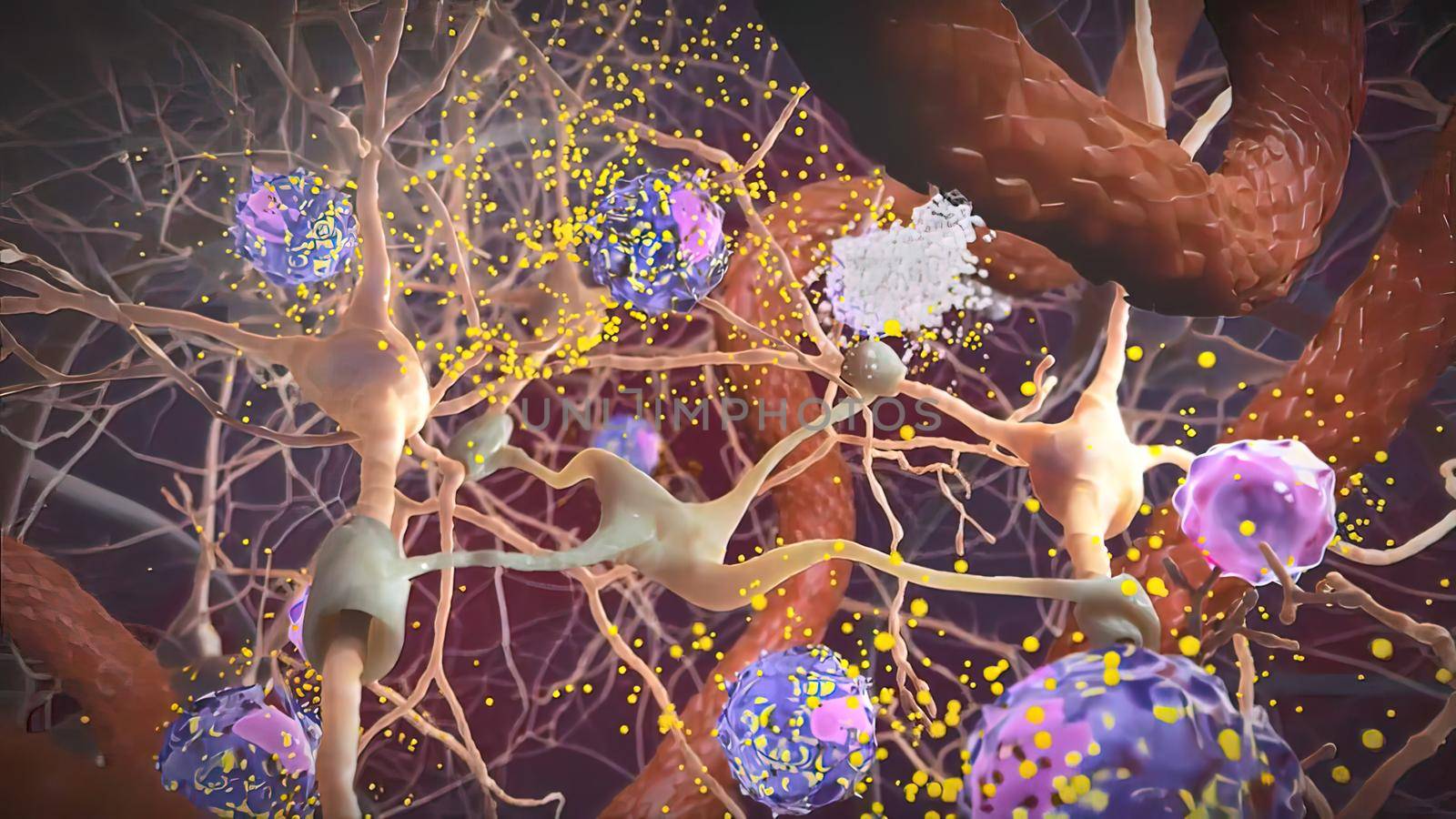 Neurons in action. electrical impulses between neuronal connections 3d illustration