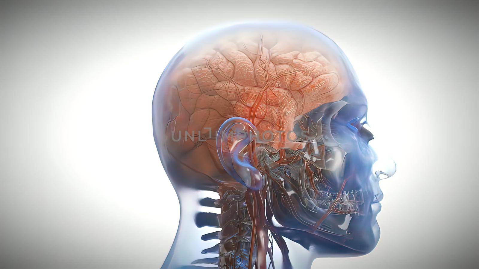 Synaptic transmission, nervous system receptors. Concept consciousness. Brain synapses. Transmission synapse, impulses in brain, information transfer at the cellular or atomic level. 3d illustration