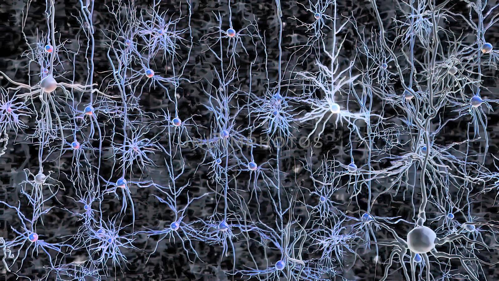 Neurons in action. electrical impulses between neuronal connections 3d illustration