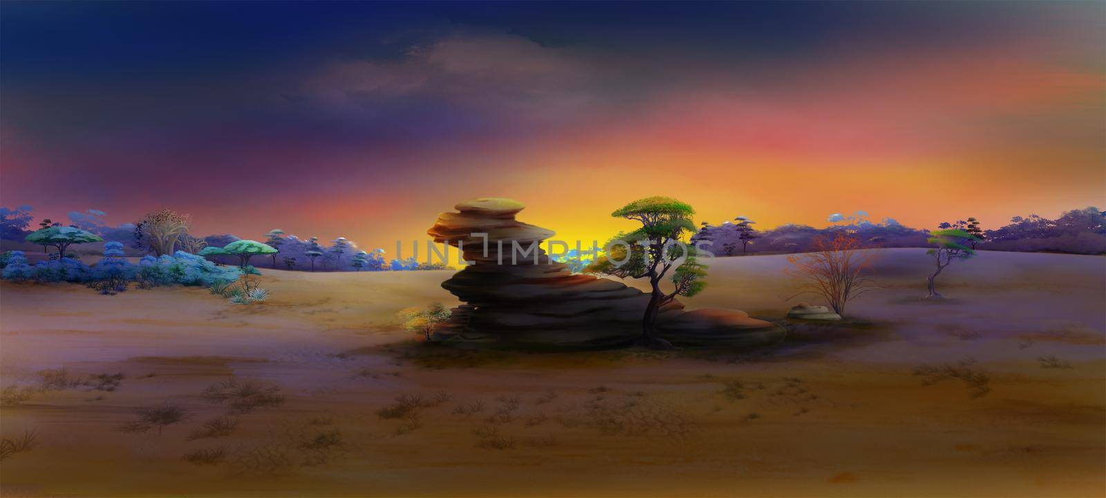 Lone rock in african landscape at sunset. Digital Painting Background, Illustration.