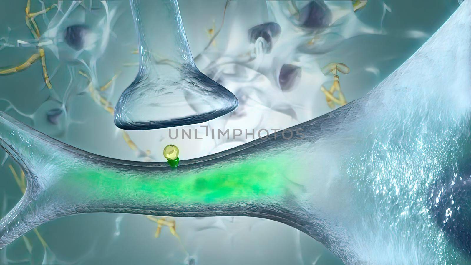 A neuron generates an electrical impulse, causing the cell to release its neurotransmitters . 3d illustration