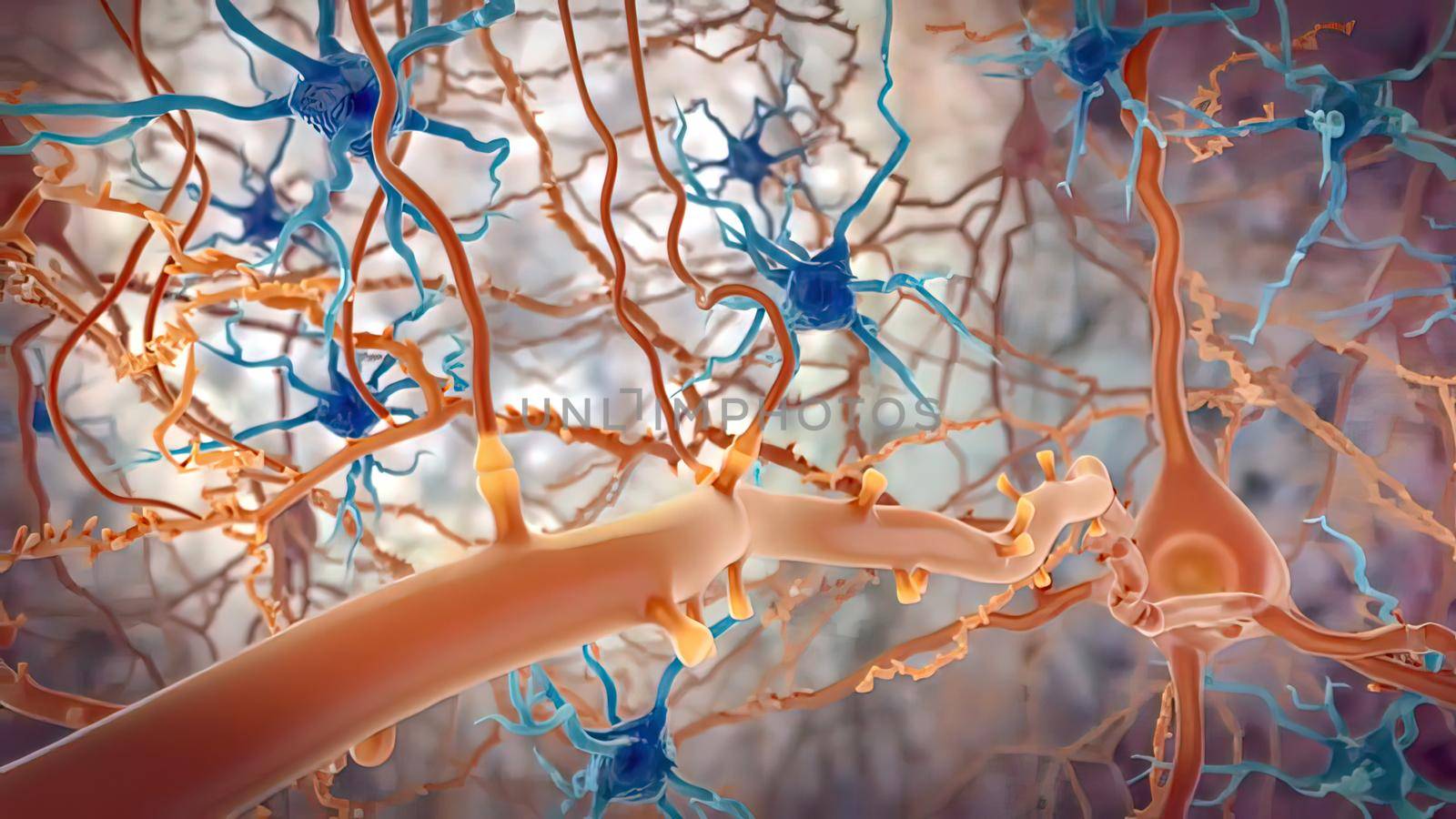 Real Purple Neuron synapse network 3D . Multiple angles of electrical impulses between neurons. 3d illustration