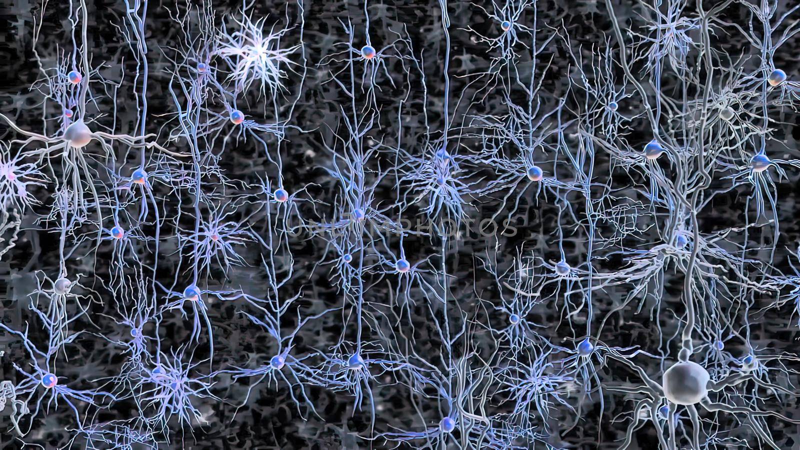 Neurons in action. electrical impulses between neuronal connections 3d illustration