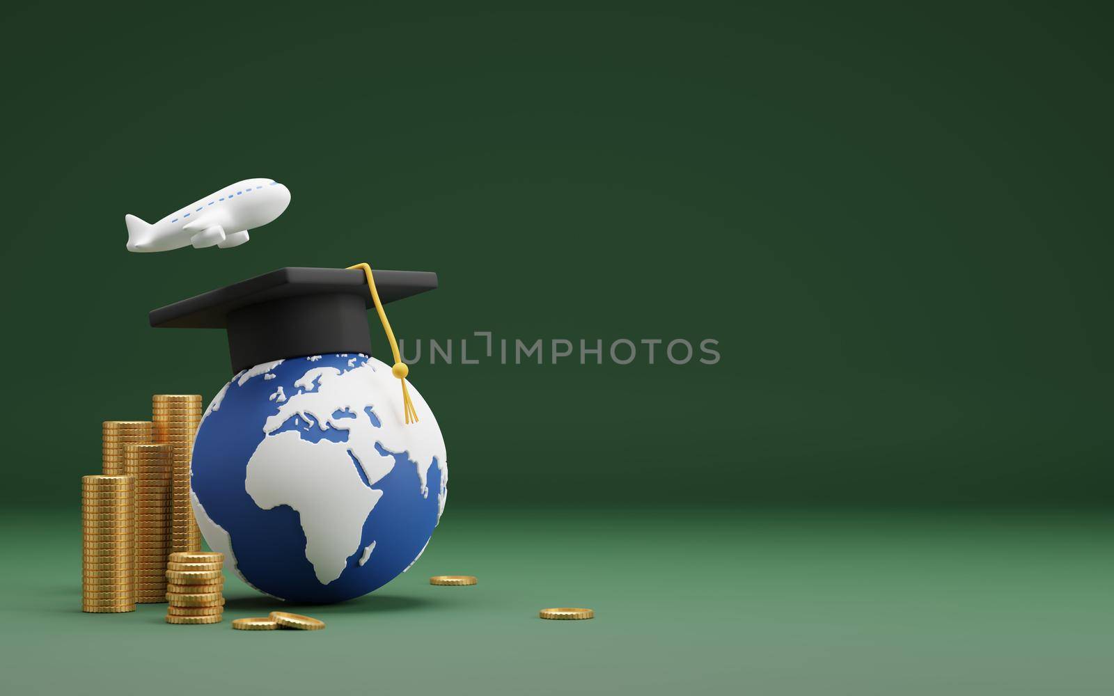 Investment education and scholarships concept design of graduation hat on global and plane with gold coins on green background 3D render by Myimagine