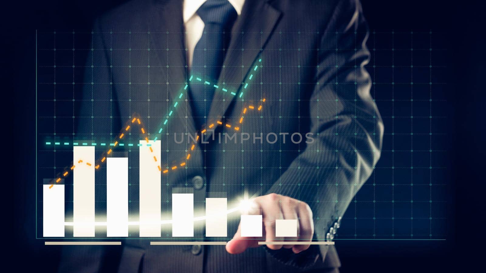 Businessman draw finance allusive graph chart showing business profit growth increasing to future target . Excellent financial status of corporate business rise up . Finance and money technology .