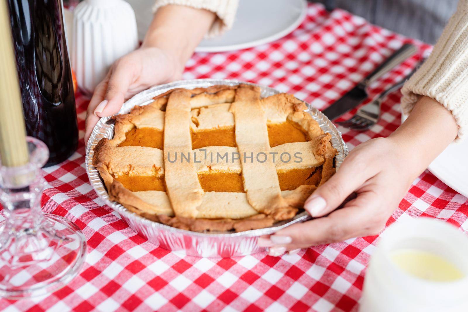 Happy Thanksgiving Day. Autumn feast. Woman celebrating holiday cooking traditional dinner at kitchen