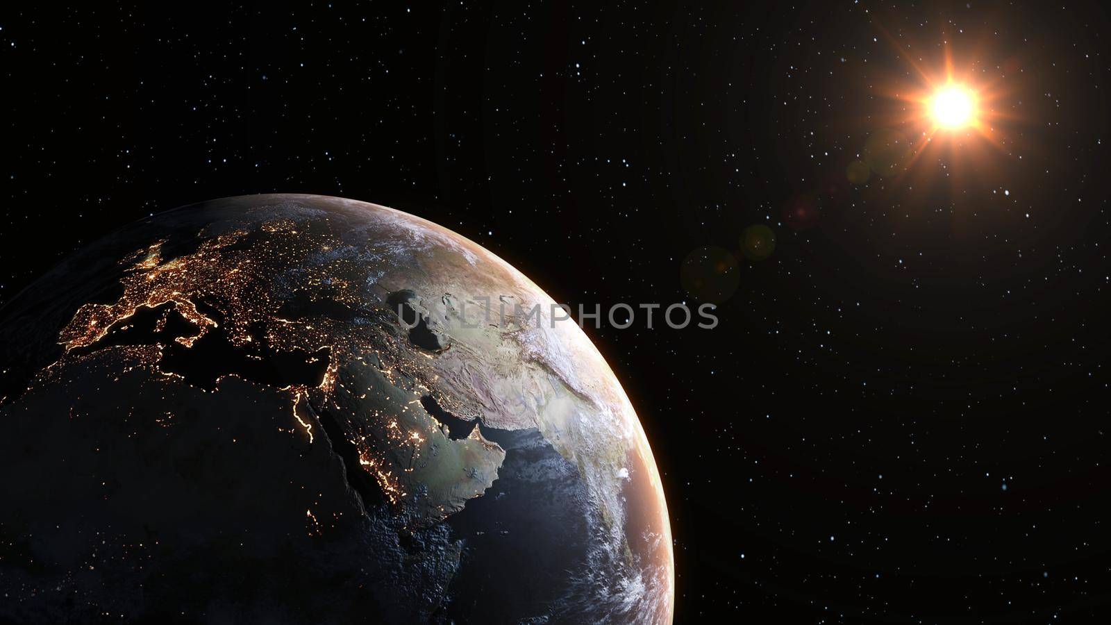 Planet earth with realistic geography surface and orbital 3D cloud atmosphere . Outer space view of world globe sphere of continents . 3D rendering graphic . Elements of this image furnished by NASA .