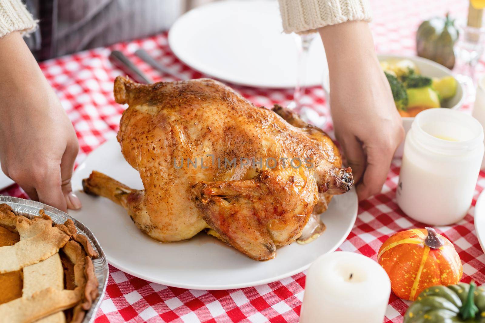 woman preparing turkey for thanksgiving dinner at home kitchen by Desperada