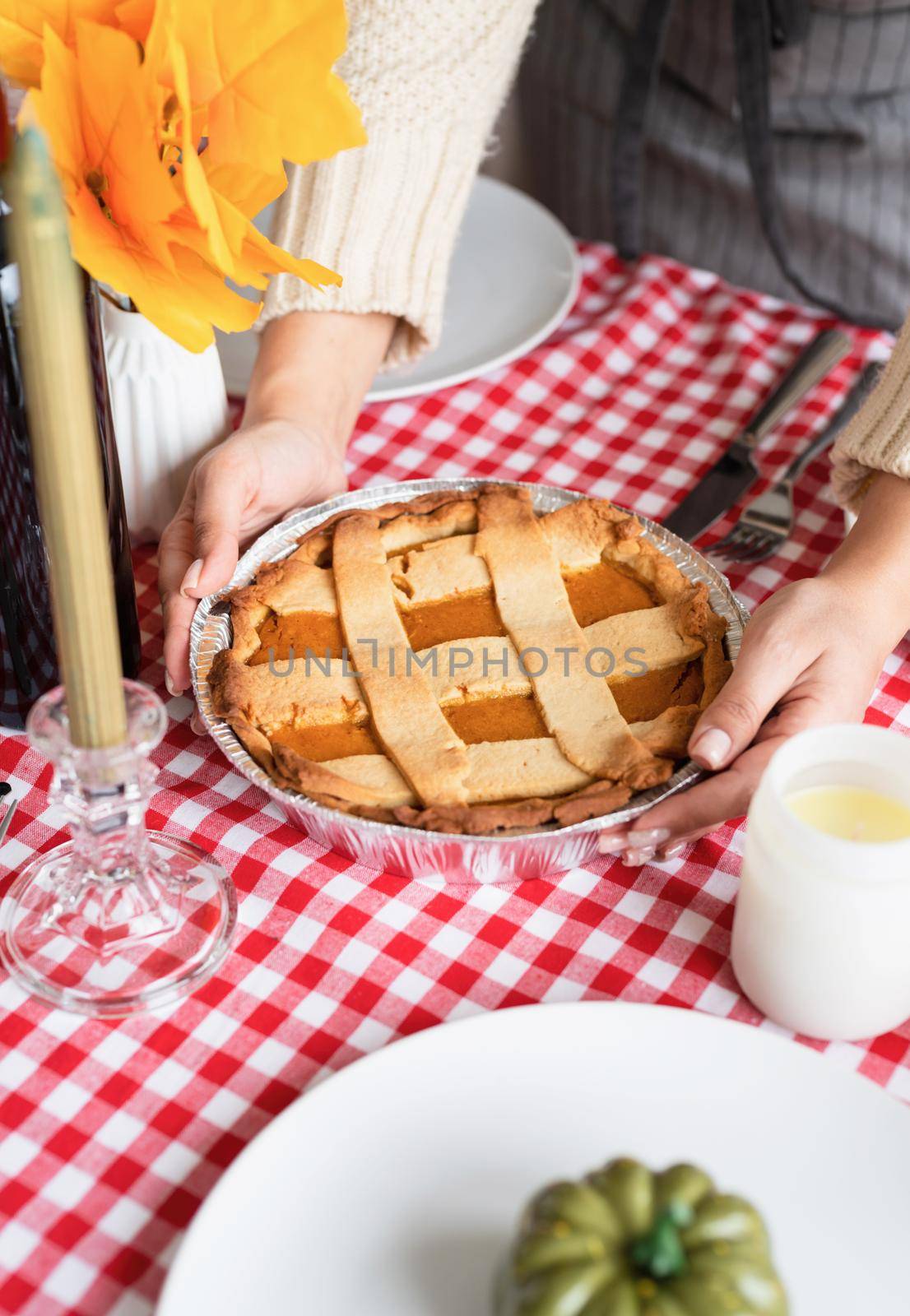 Happy Thanksgiving Day. Autumn feast. Woman celebrating holiday cooking traditional dinner at kitchen