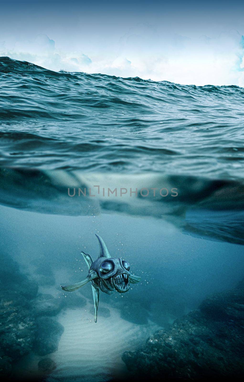 dangerous carnivorous fish swimming underwater 3d illustration 