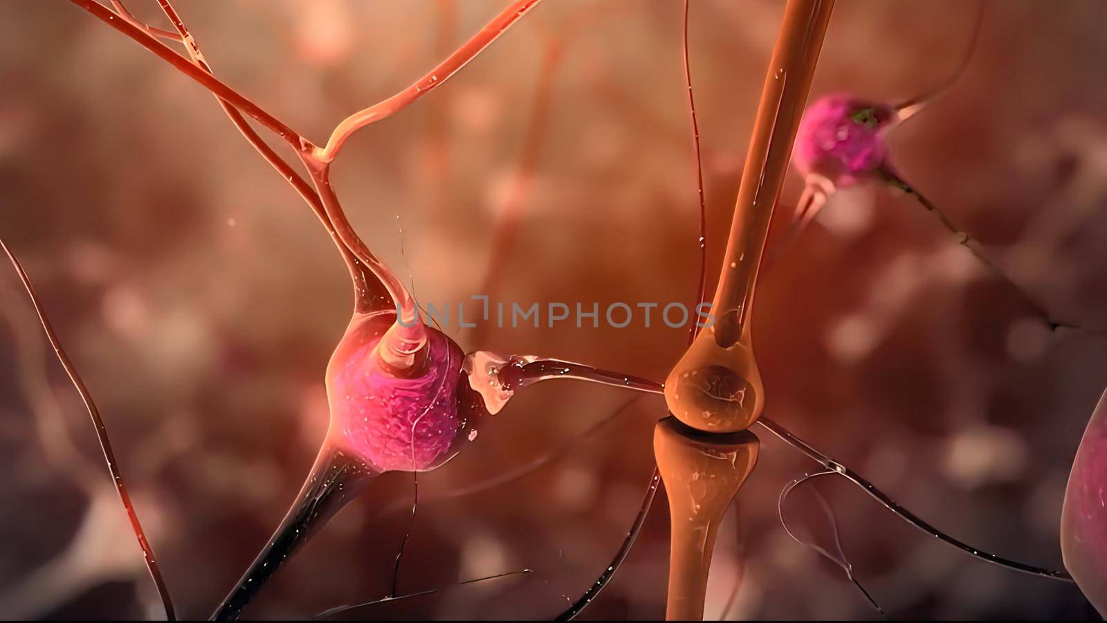 Neuron and synapses 3d medical illustration. Neurogenesis, remyelination, myelin,