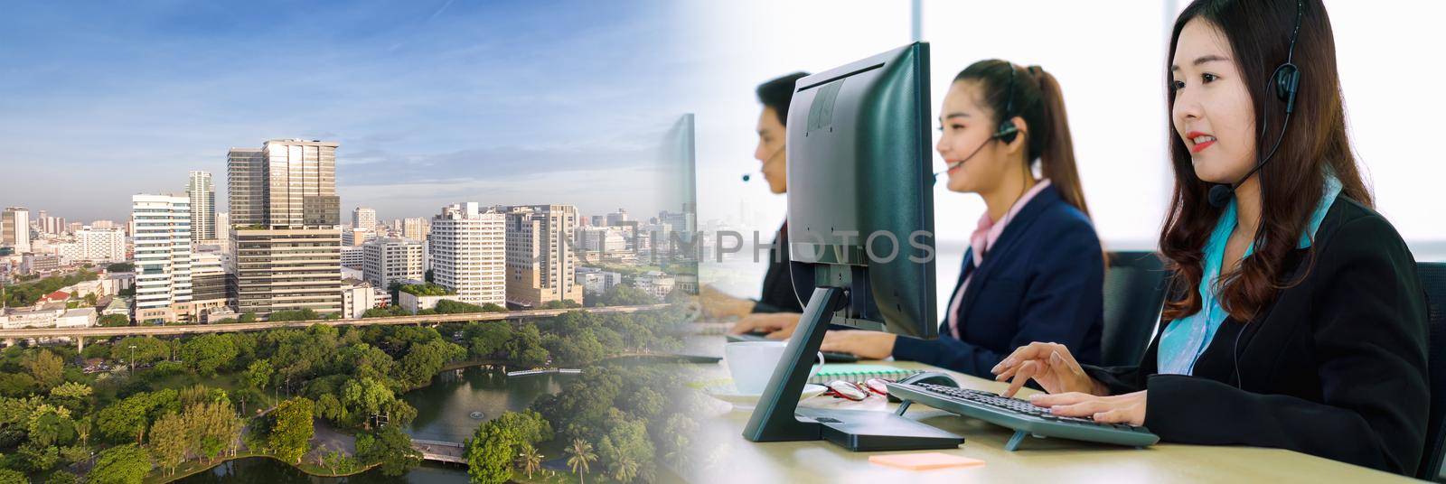 Business people wearing headset working in office in widen view to support remote customer or colleague. Call center, telemarketing, customer support agent provide service on telephone video call.