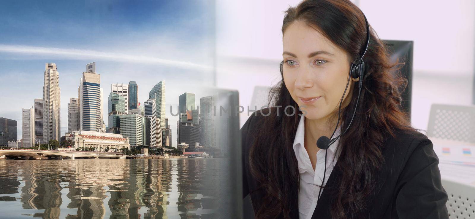 Business people wearing headset working in office to support remote customer or colleague. Call center, telemarketing, customer support agent provide service in broaden view .