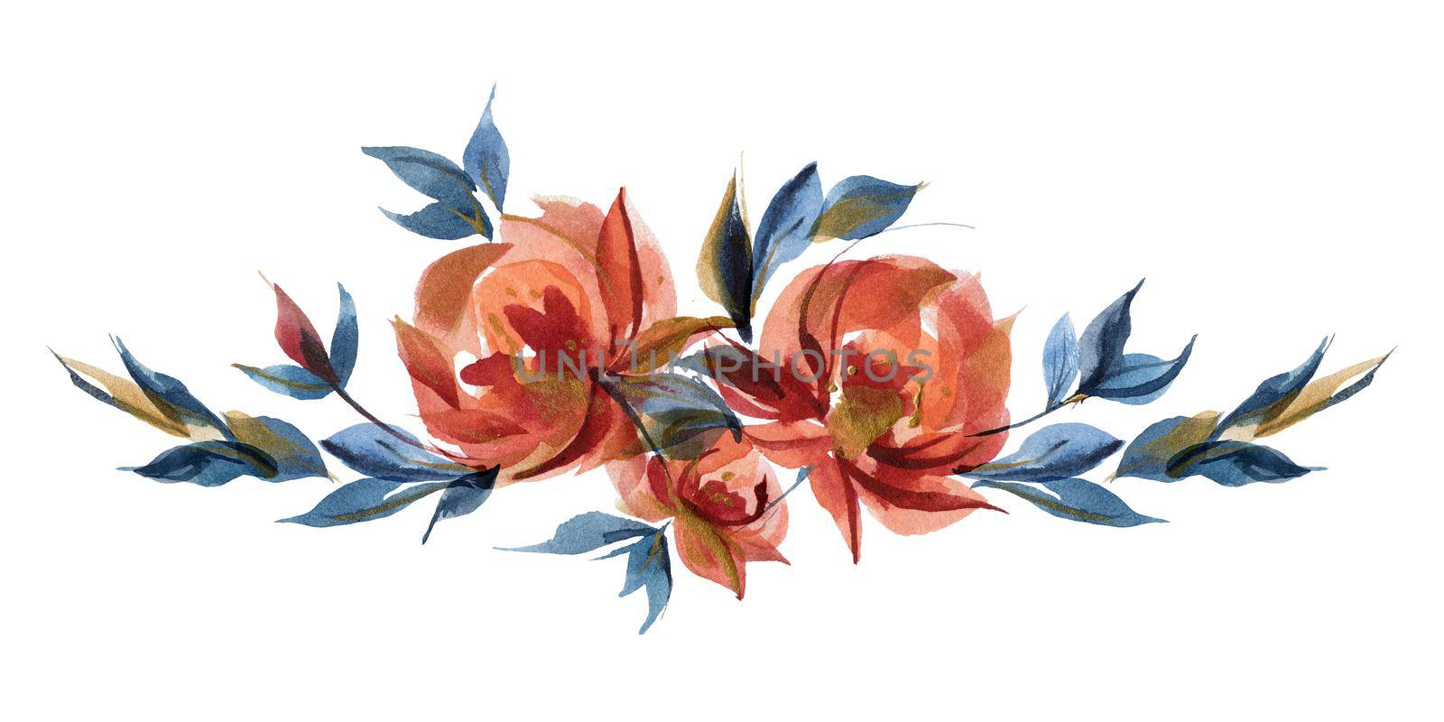 Blue and orange roses floral garland vignette in folk cottege trend. Watercolor composition of traditional folk rose flowers and branches.