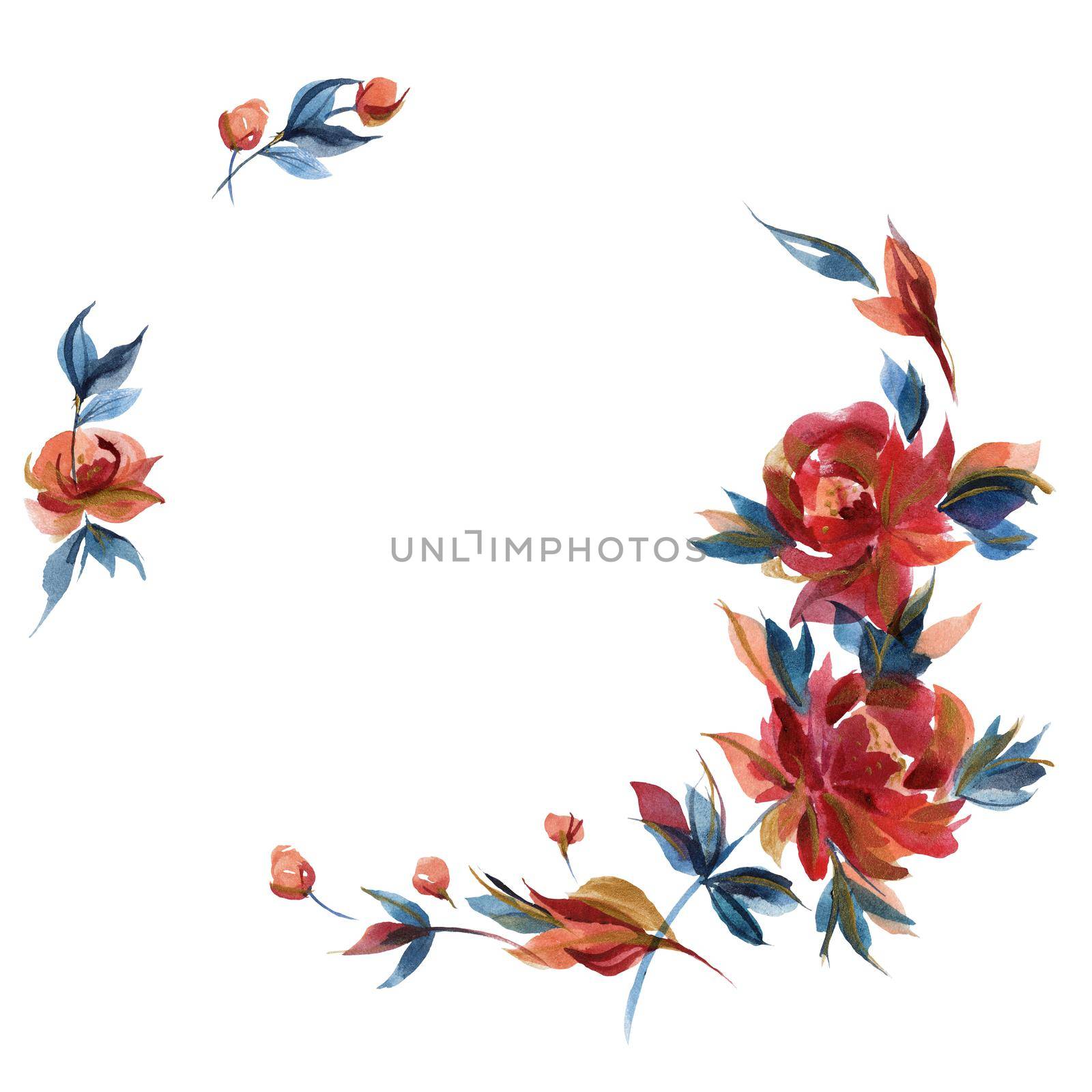 Watercolor composition of traditional folk rose flowers and branches. Blue and orange colors wreath. Cottage trend decor