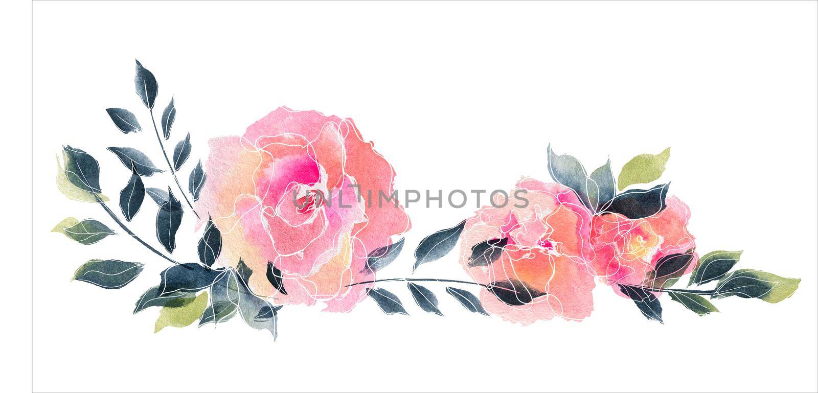 Floral rose garland. Watercolor composition by Xeniasnowstorm