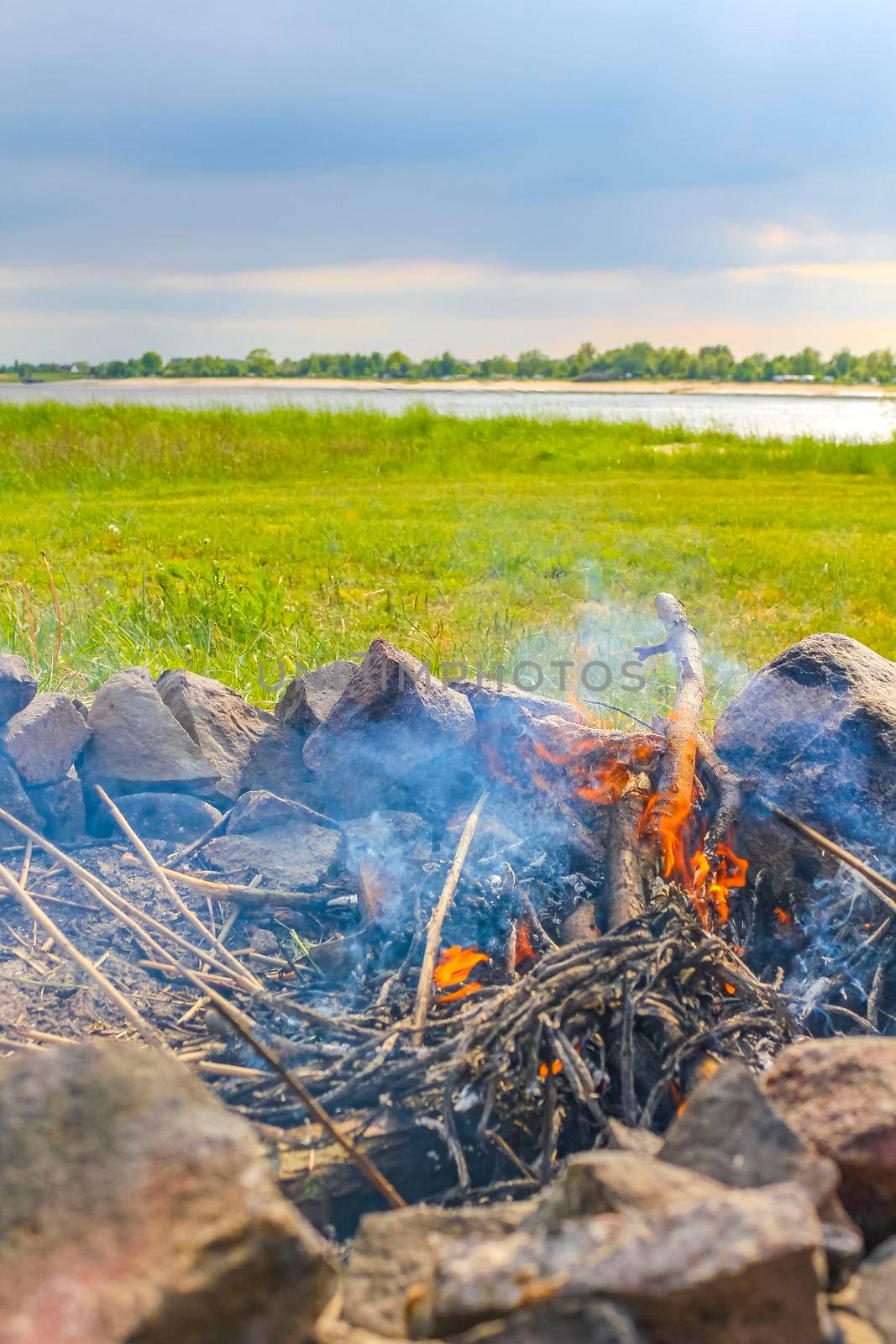 Campfire and burning wood with orange flames Germany. by Arkadij