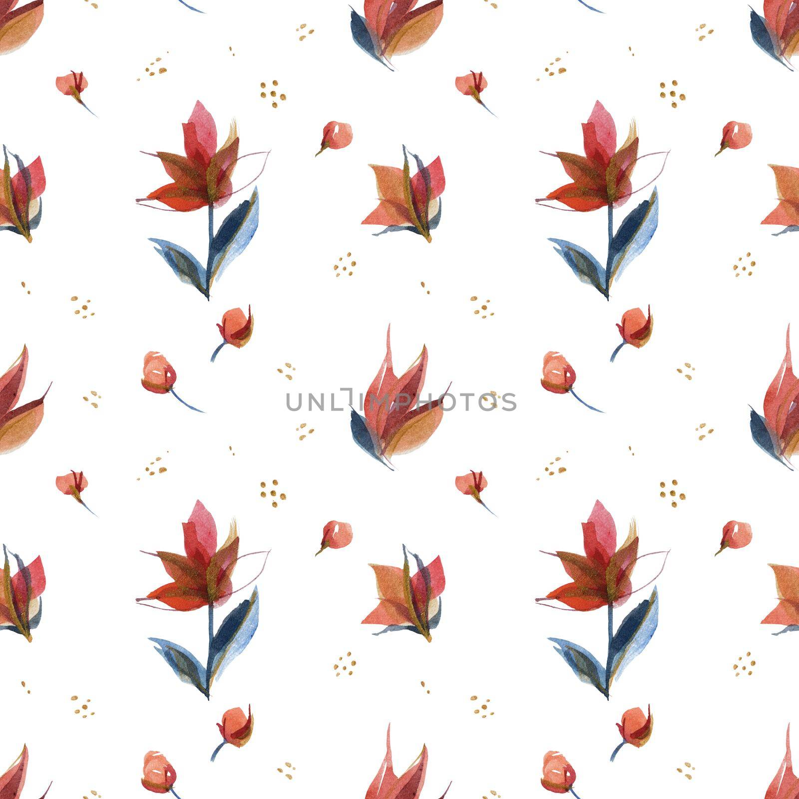 Watercolor seamles pattern of traditional folk rose flowers and branches. Blue and orange and white colors. Countryside calico and ditsie trend