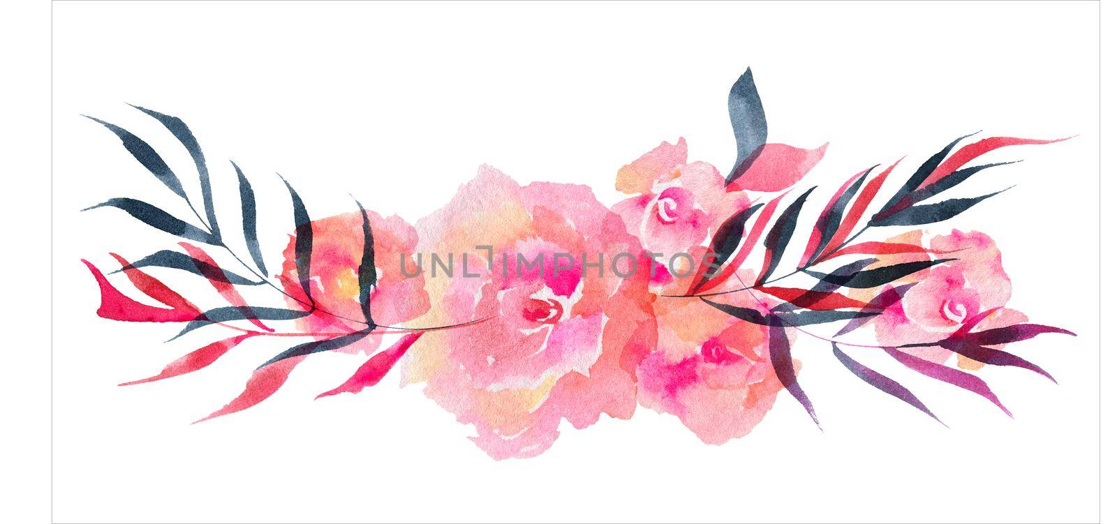 Floral rose garland. Watercolor composition of rose flowers and willow branches