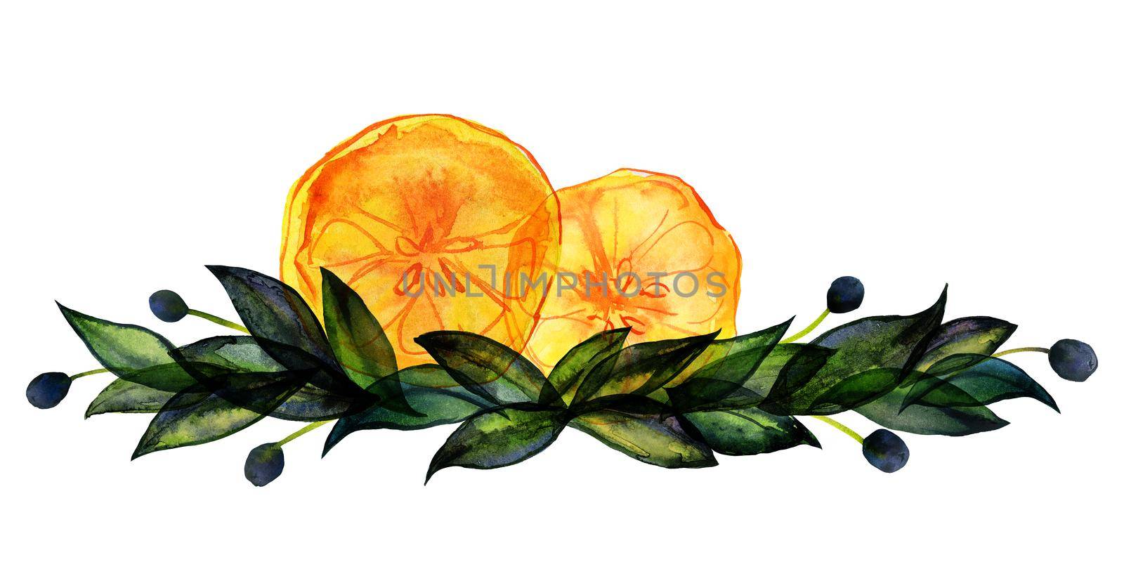 Olive and citrus floral botanical composition with fruits and leaves. Green orange watercolor bouquet. Cute decor for home and cafe textiles, for packaging decor and menu