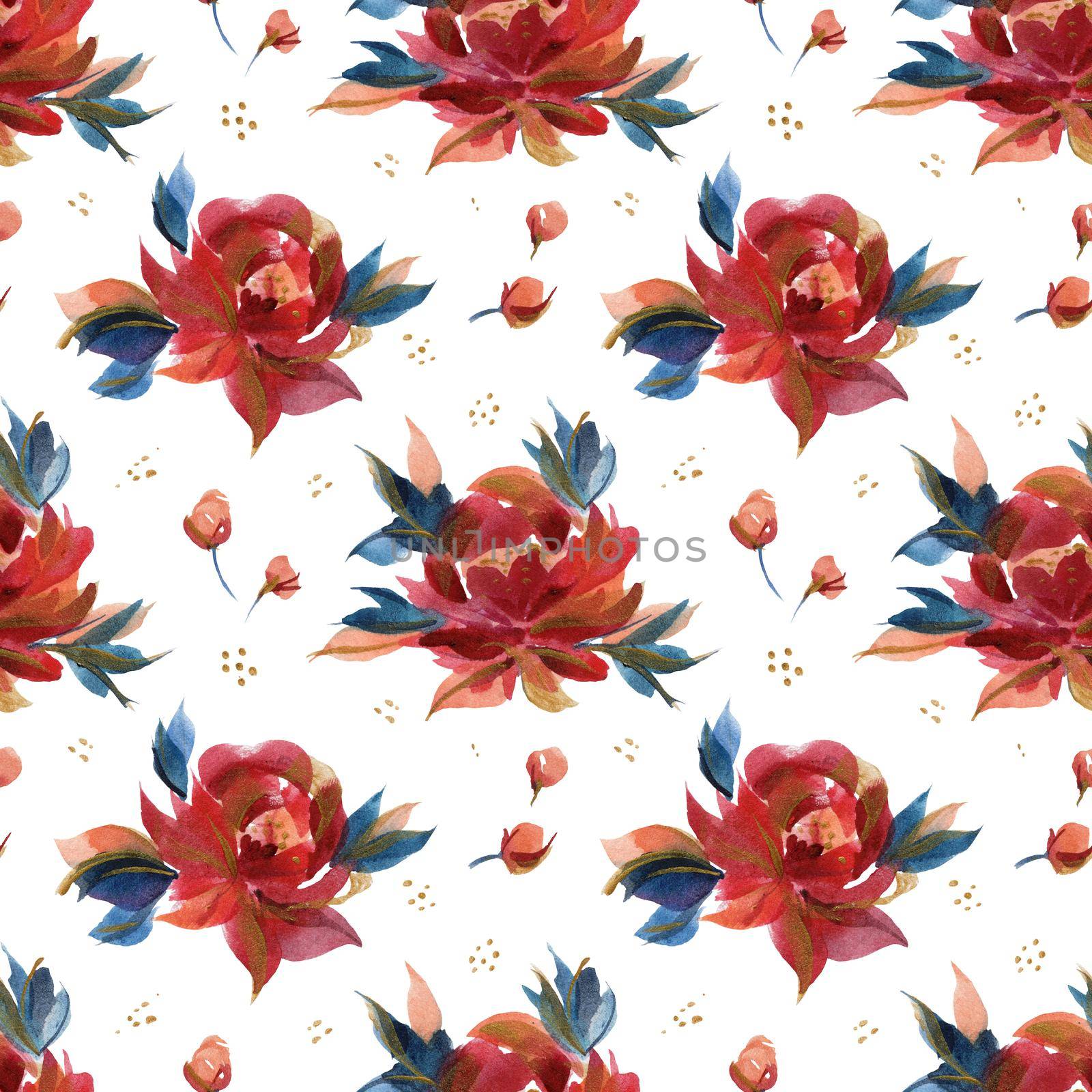 Watercolor seamles pattern of traditional folk rose flowers by Xeniasnowstorm