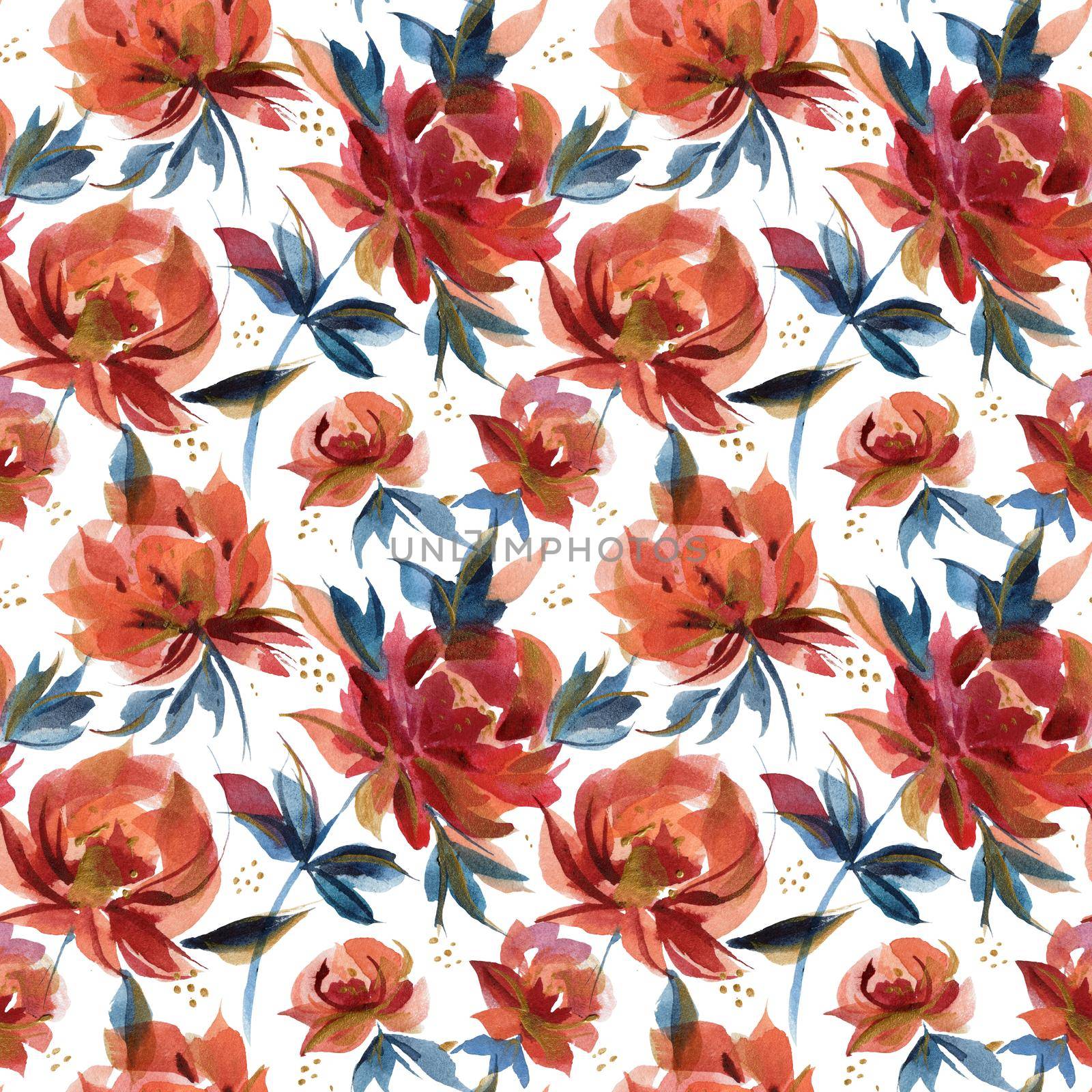 Watercolor seamles pattern of traditional folk rose flowers and branches. Blue and orange and white colors. Countryside and millefleur trend
