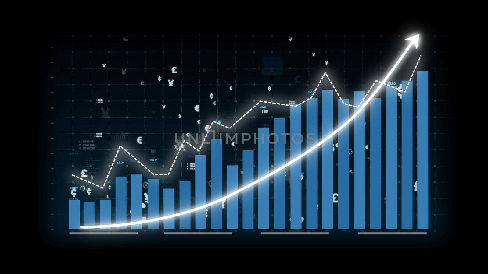 Business growth concept in allusive graph chart showing marketing sales profit increasing to future target . Excellent financial status of corporate business rise up . Finance and money 3D rendering .