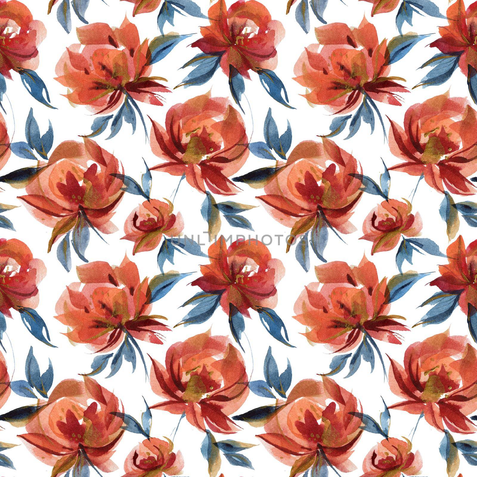 Watercolor ditsy pattern. Seamles pattern of traditional folk rose flowers. Blue and orange and white colors. Countryside cottage trend