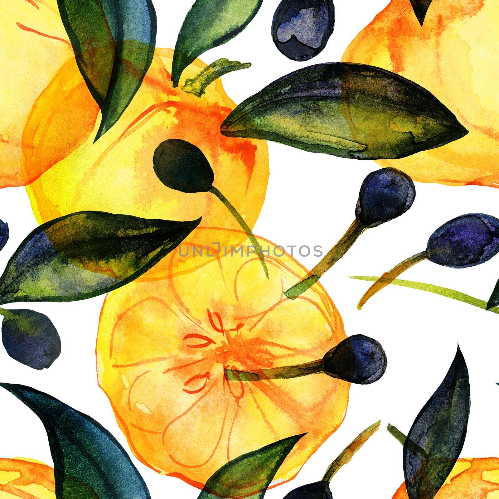 Citrus and olive fruits garden. Seamless pattern with hand drawn watercolor. Cute decor for home and cafe textiles, for packaging decor and wall papers.