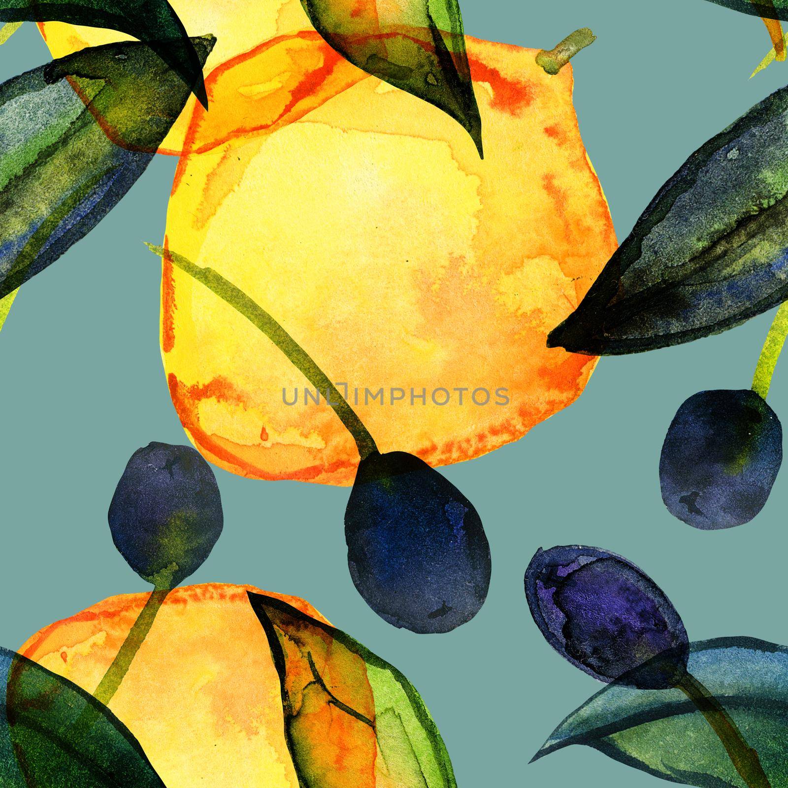 Lemons and olives seamless watercolor pattern by Xeniasnowstorm