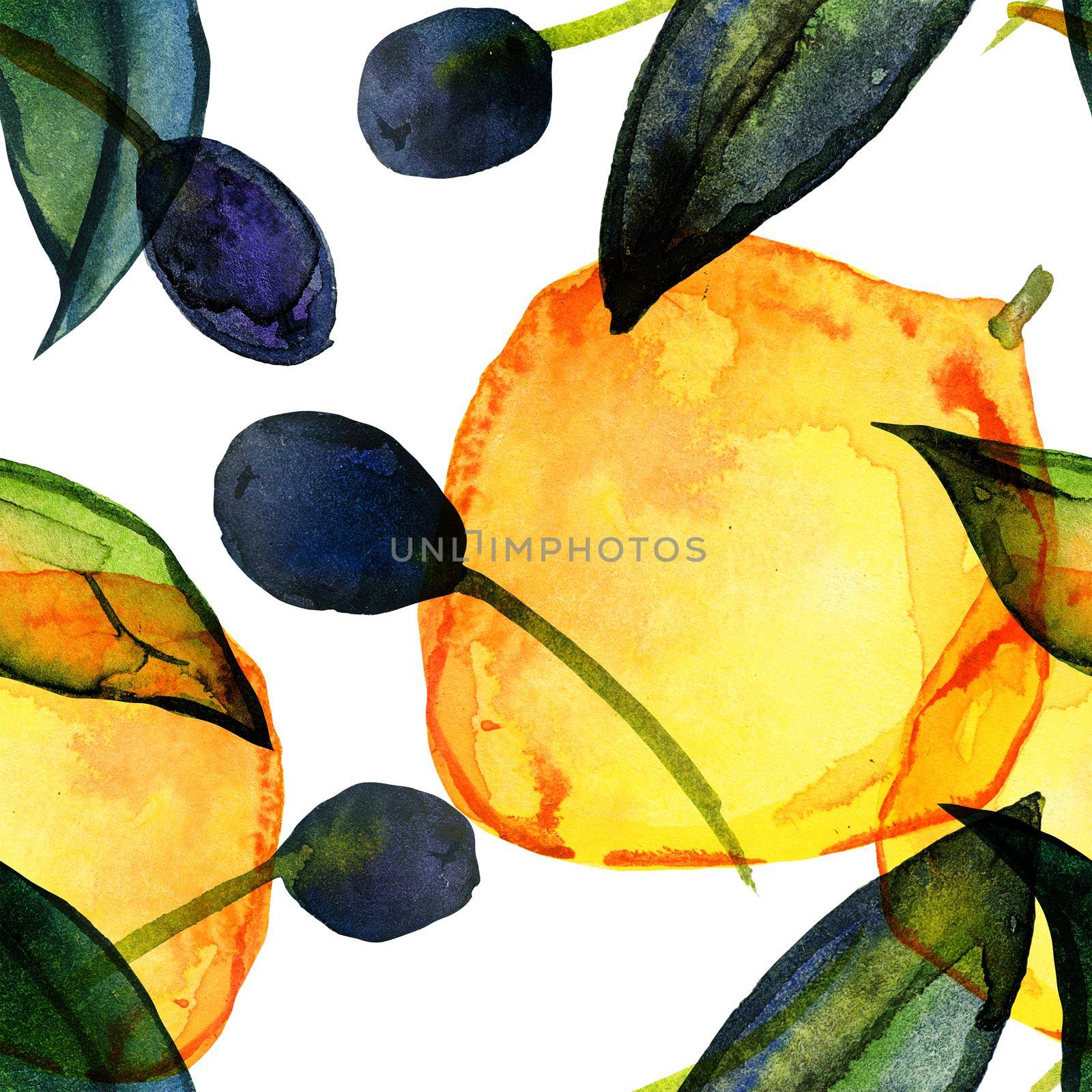 Lemons and olives. Seamless pattern with hand drawn watercolor, white background Cute decor for home and cafe textiles, for packaging decor and wall papers.