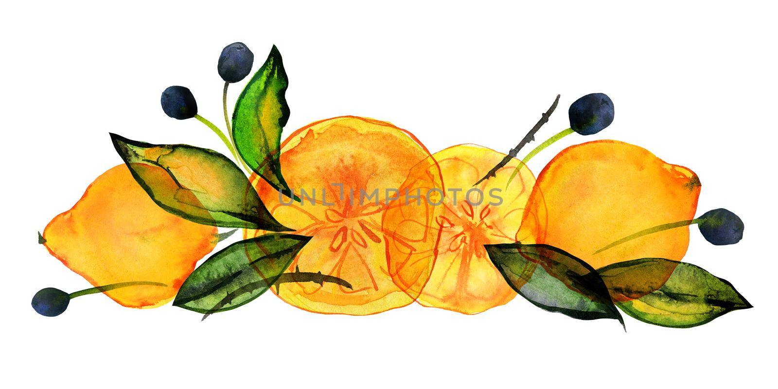 Citrus and olive fruits garden. Lemons and olives bouquet with hand drawn watercolor. Cute decor for home and cafe textiles, for packaging decor and menu