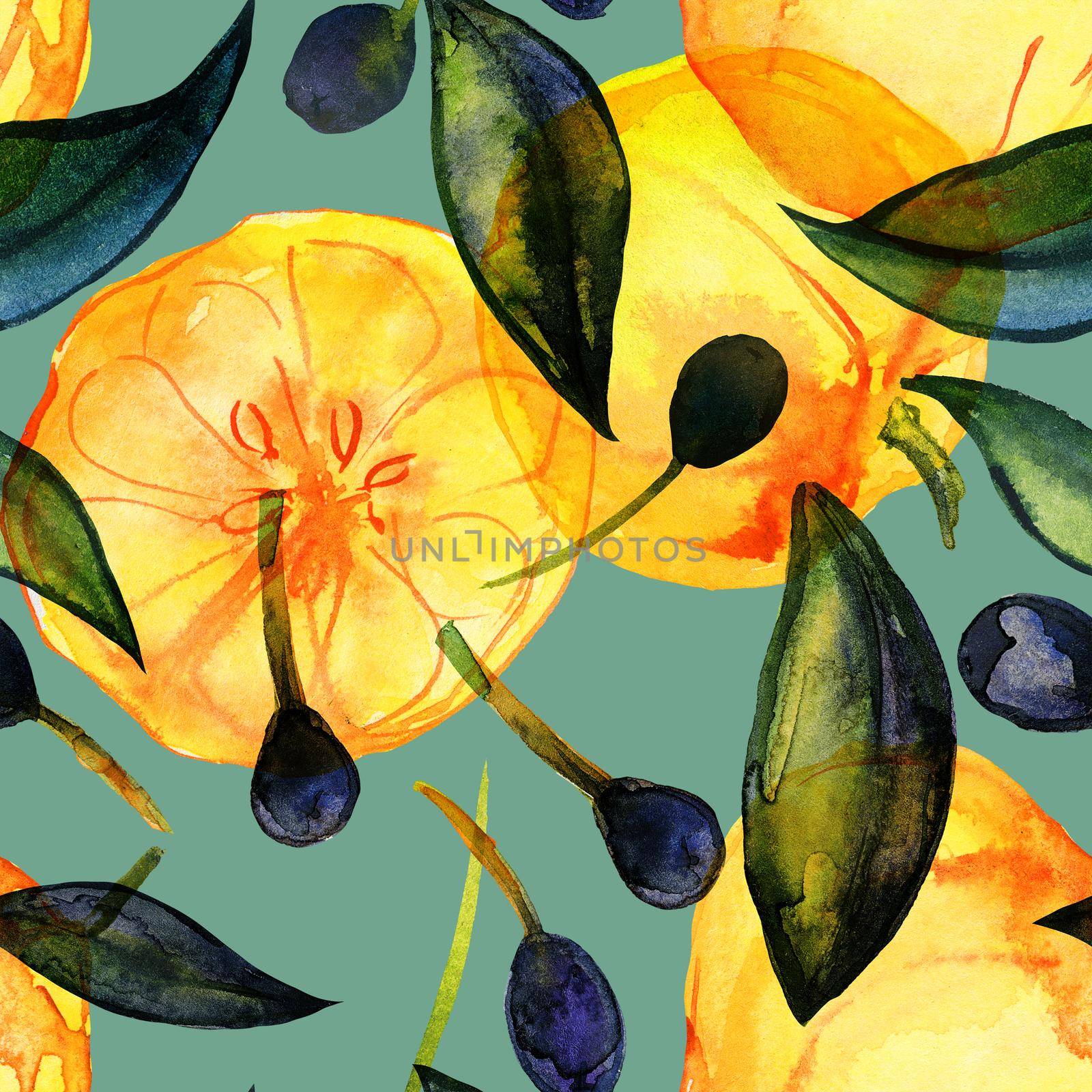 Citrus and olive fruits watercolor seamless pattern by Xeniasnowstorm
