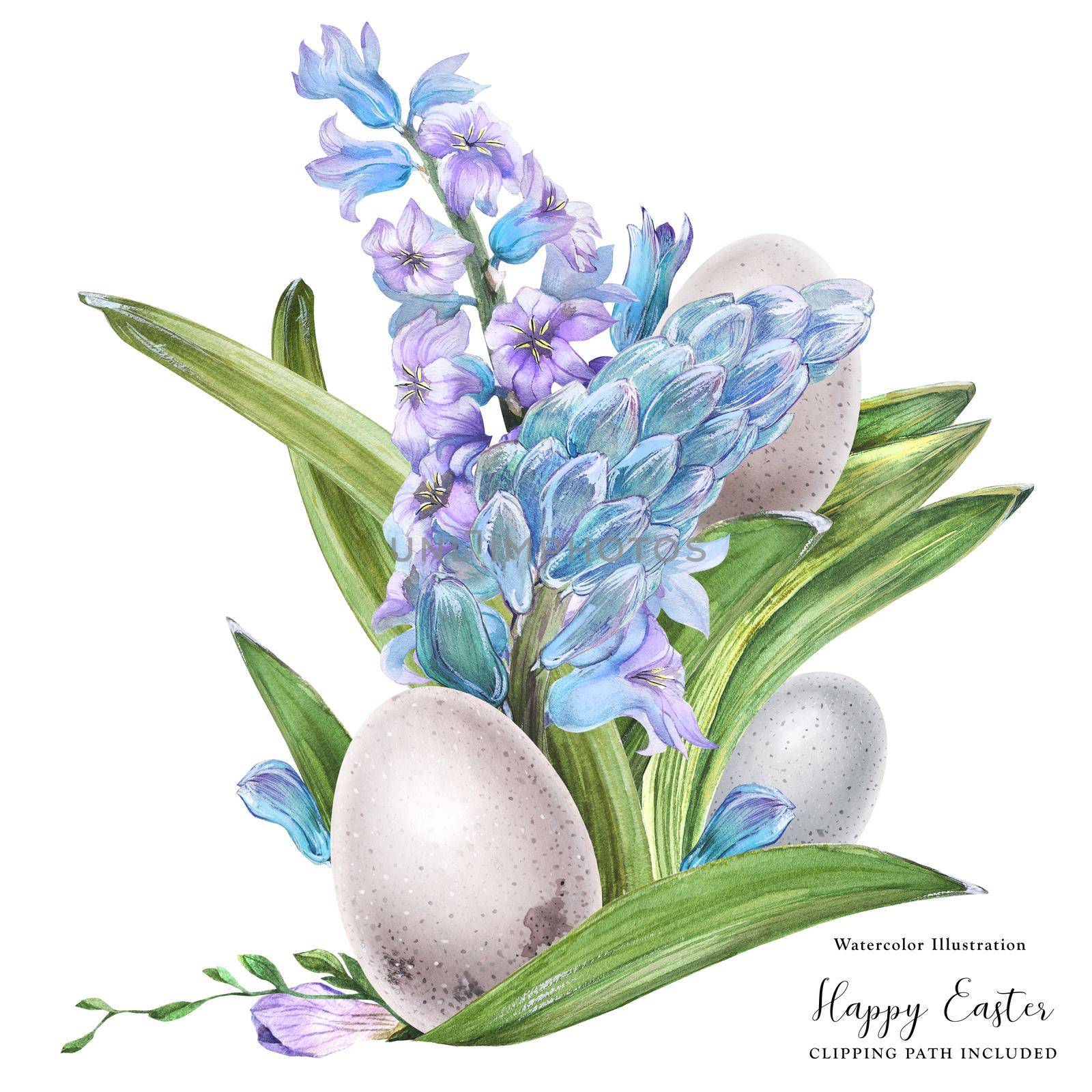 Hyachinth and bird egg watercolor Easter bouquet on a white background, clipping path included