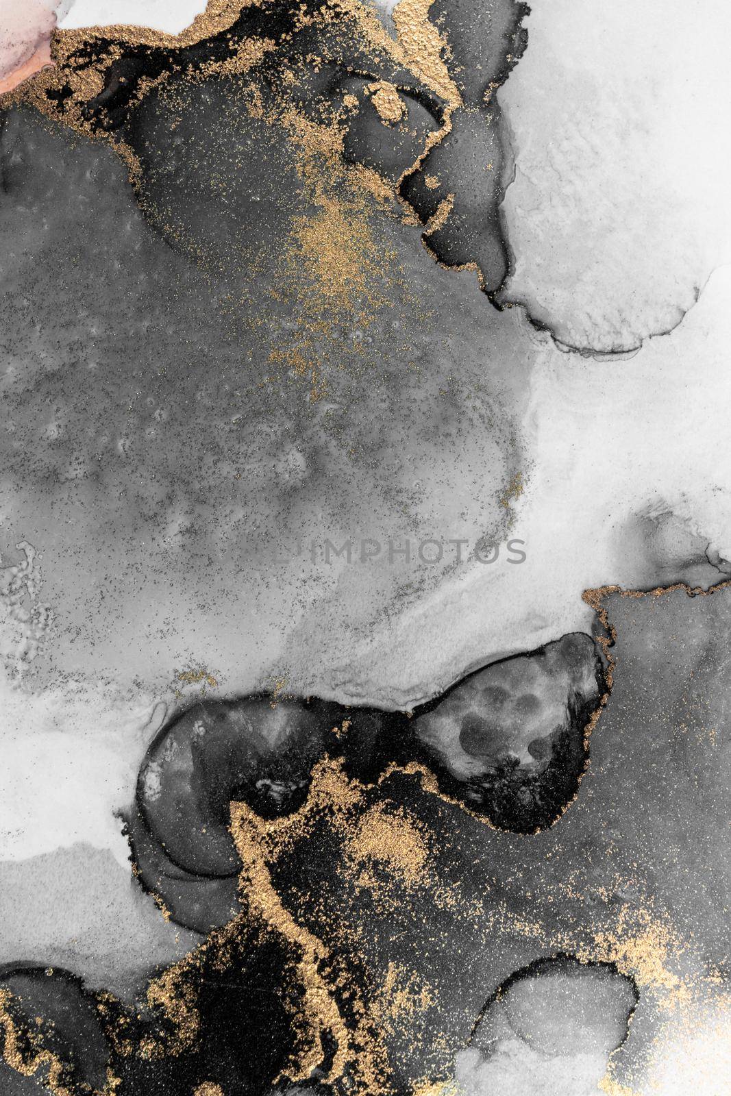 Black gold abstract background of marble liquid ink art painting on paper . by biancoblue