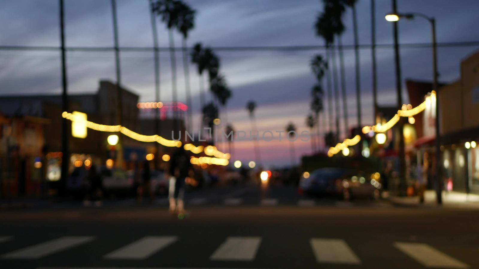 Defocused palm trees in Ocean Beach, lights in twilight. Row of palmtrees and cars on evening road in dusk. Illuminated garlands glowing on waterfront city street, California coast, San Diego, USA.
