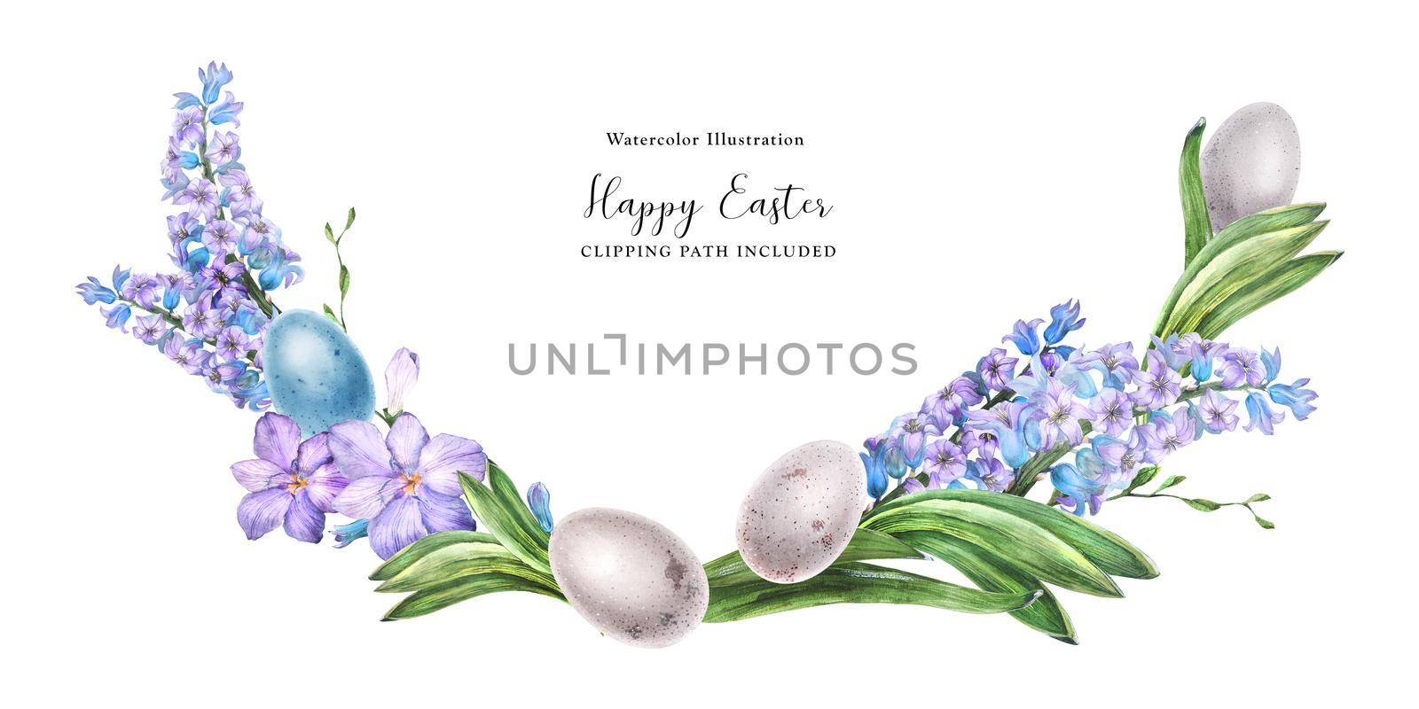 Hyachinth and bird egg watercolor arc on a white background, clipping path included