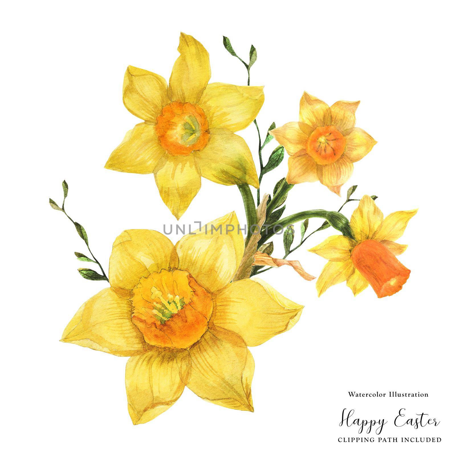 Yellow spring floral bouquet with daffodil flowers on a white background, clipping path included