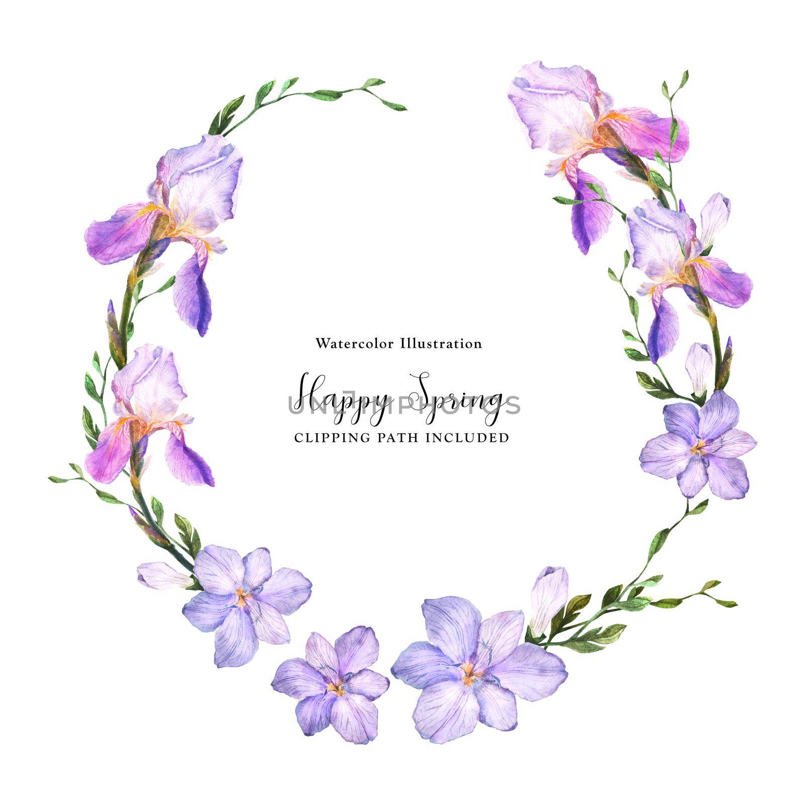 Decorative watercolor wreath with iris and freesia flowers on a white background, watercolor with clipping path