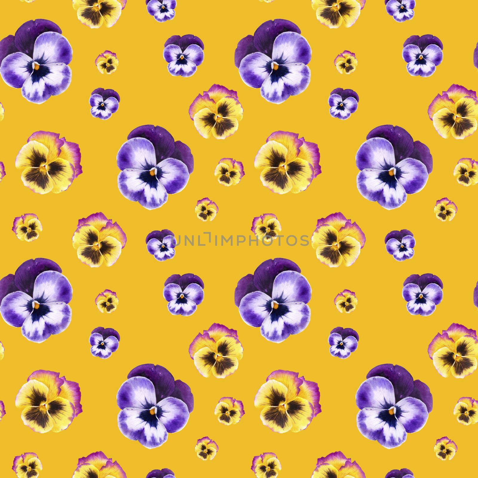 Blue and yellow pansy flowers watercolor seamless pattern on a bright yellow background with clipping path