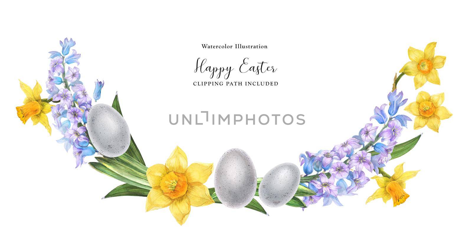 Hyachinths and daffodils and bird eggs watercolor arc on a white background for Easter, clipping path included