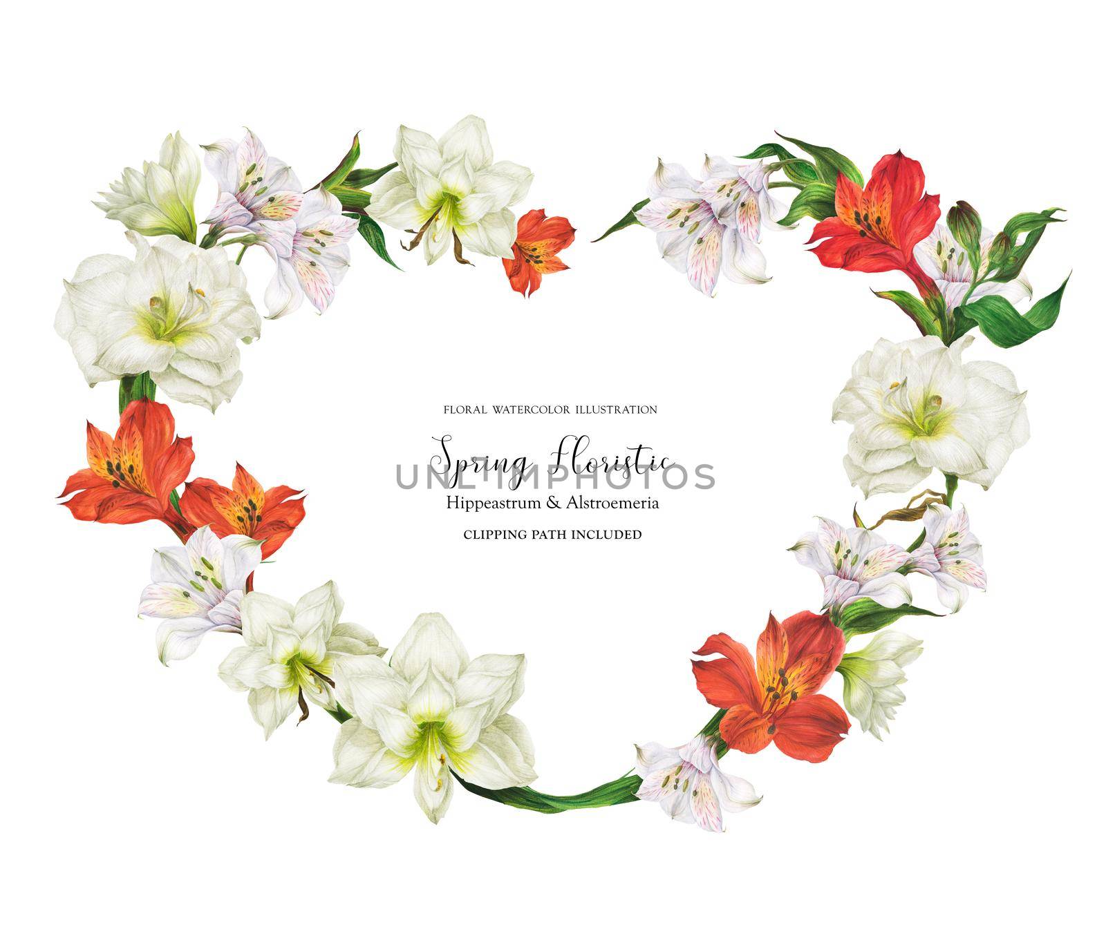 Romantic bridal heart shape wreath with red and white flowers, realistic watercolor illustration with clipping path